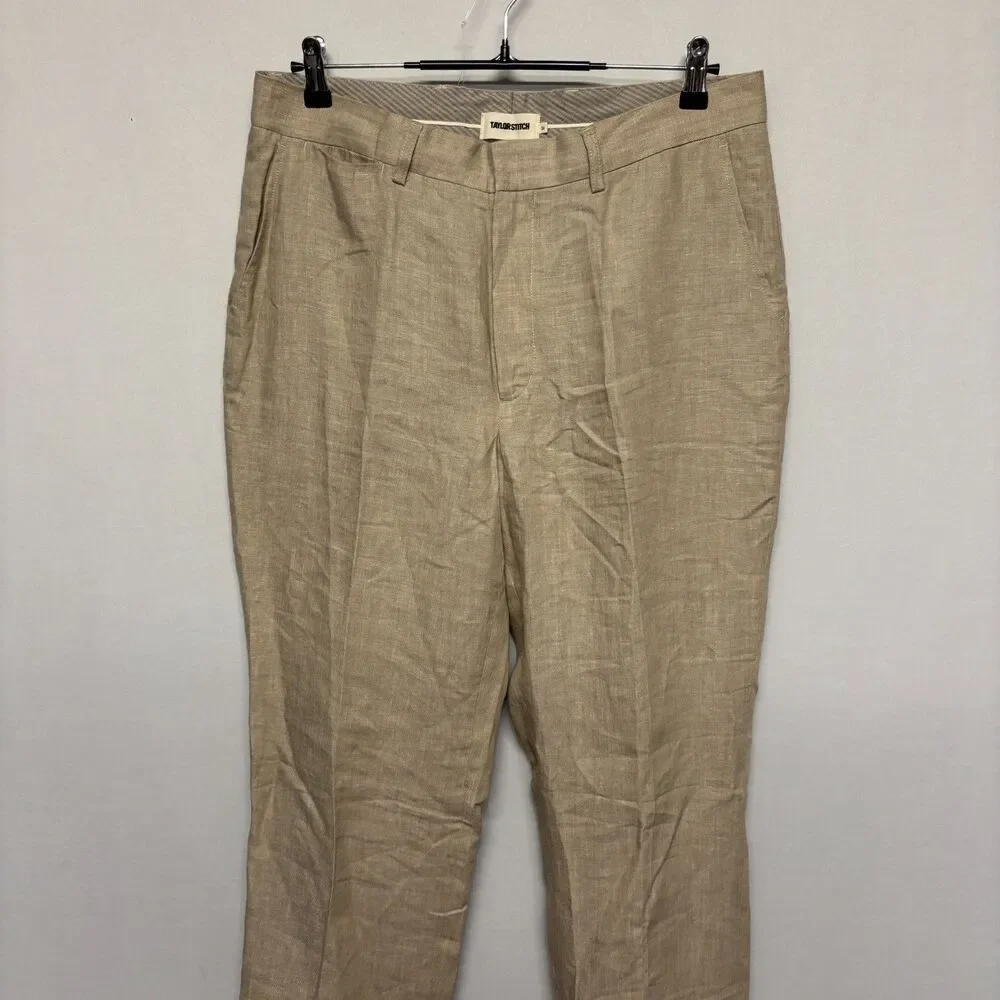 Taylor Stitch Men 100% Linen Flat Front Pants Size 34 Beige Unhemmed C129 -6